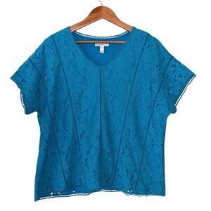Isaac Mizrahi Live Blouse XL‎ Turquoise Blue V Neck Short Sleeve Lace Overlay